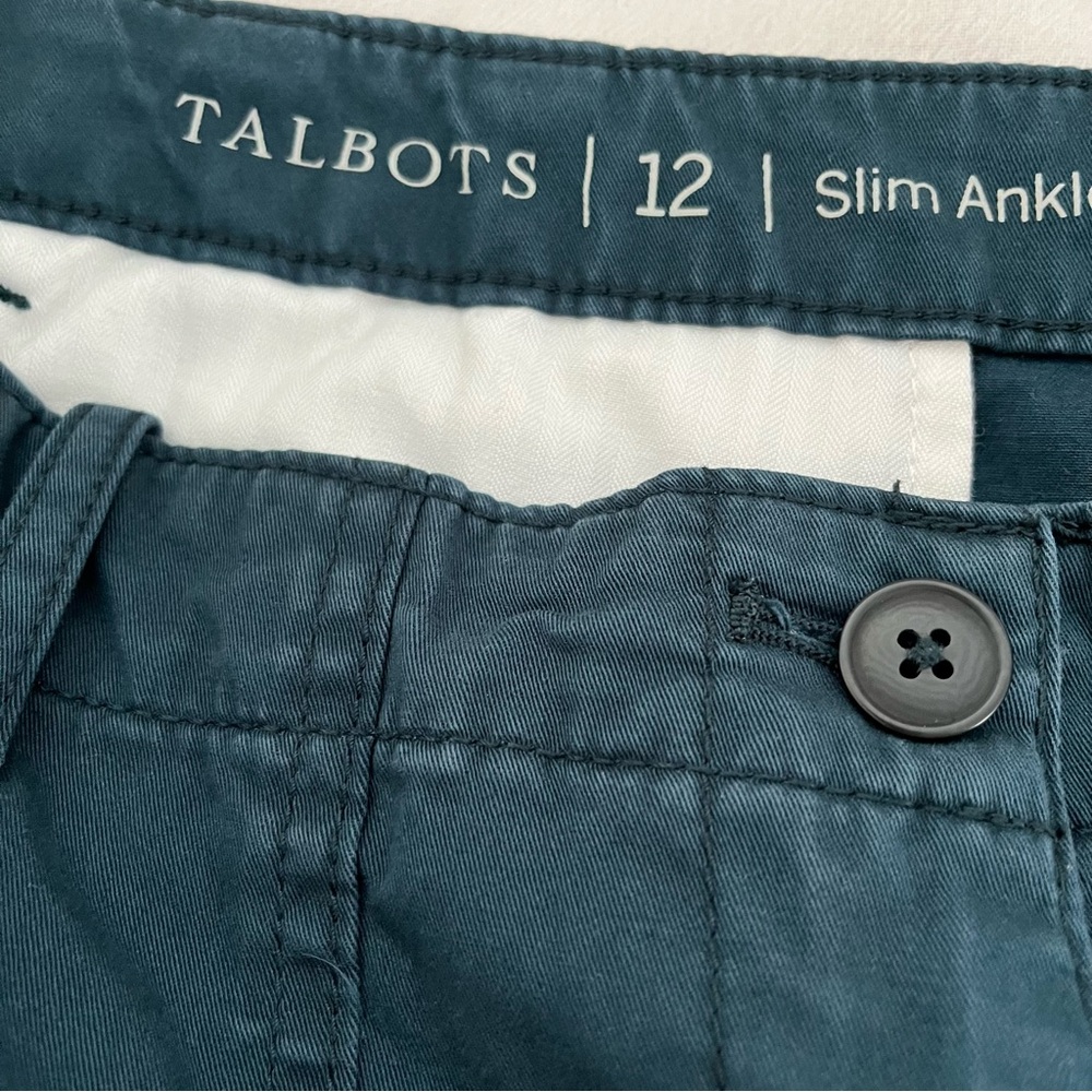 Talbots Slim Ankle Pants Size 12 flat Front Teal Green Cotton Cargo - Picture 3 of 7